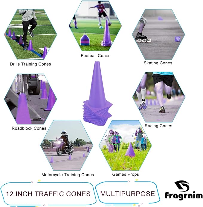 12 Inch Traffic Training Cones, Plastic Safety Parking Cones, Agility Field Marker Cones for Soccer Basketball Football Drills Training, Outdoor Sport Activity & Festive Events - 6 Colors-StrideForce Fitness