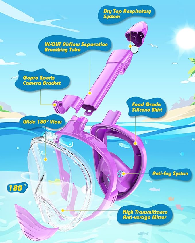 QingSong Kids Snorkel Mask Full Face, Snorkeling Set with Camera Mount, Foldable 180 Degree Panoramic View Snorkeling Gear Anti-Fog Anti-Leak-StrideForce Fitness