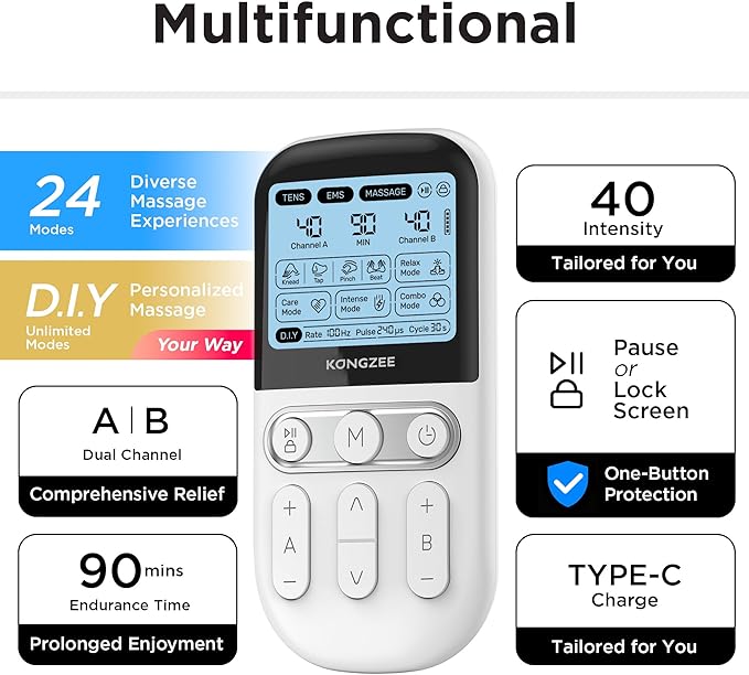 4 in 1 - D.I.Y & Tens Unit & EMS & Massage Muscle Stimulator, Dual Channel TENS Units Therapy Machine for Pain Relief, FDA Cleared Rechargeable Electronic Pulse Massager, with 12pcs Electrode Pads.-StrideForce Fitness
