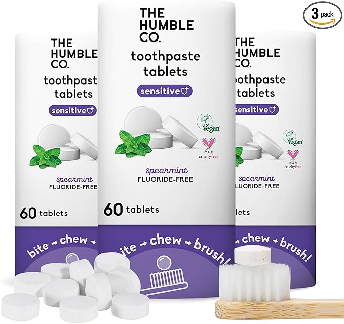 The Humble Co. Sensitive Toothpaste Tablets – Fluoride Free Toothpaste Tablets for Sensitive Teeth and Gums, Dentist Developed Formula, Vegan, SLS Free, Plastic Free (Spearmint, 3PK)