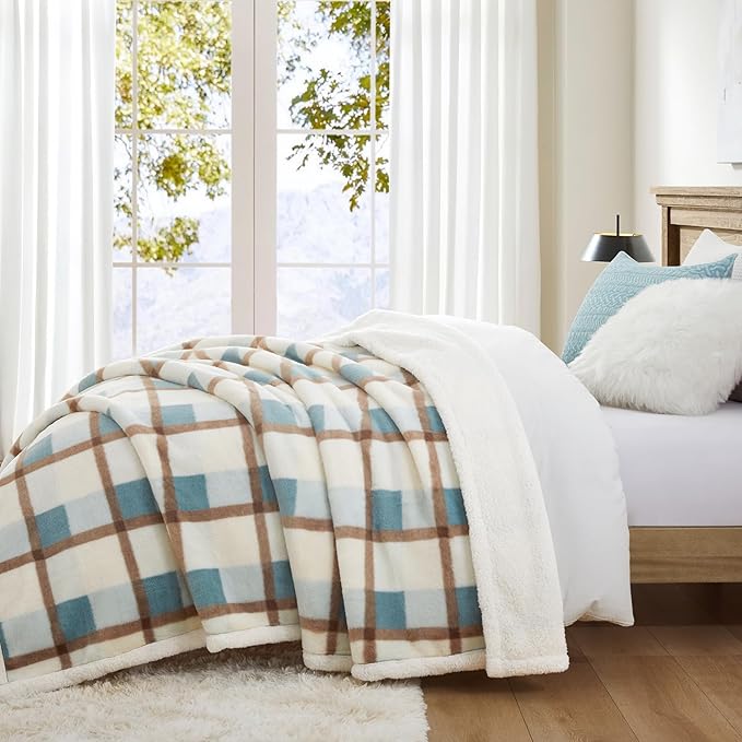 PU MEI Super Soft Faux Rabbit Fur Sherpa Fleece Throw Blanket, Reversible Luxury Cozy Cute Furry Blanket, Plush Warm Shaggy Fluffy Checkered Blankets for Sofa Couch Bed (Green-Plaid, 80" x 90")-StrideForce Fitness