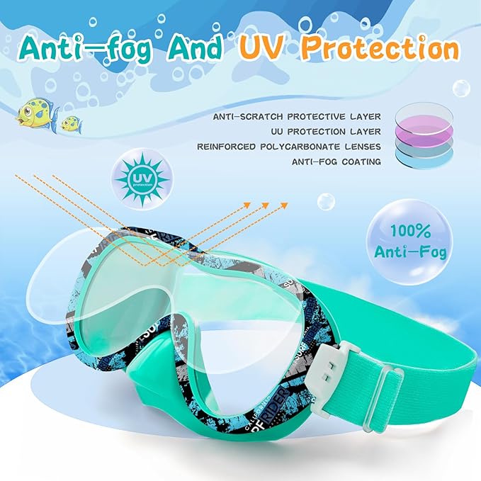 Kids Swim Goggles 180° Snorkel Diving Mask with Nose Cover, Anti-Fog Kids Swimming Goggles with Elastic Fabric Strap for Kids Boys Girls-StrideForce Fitness