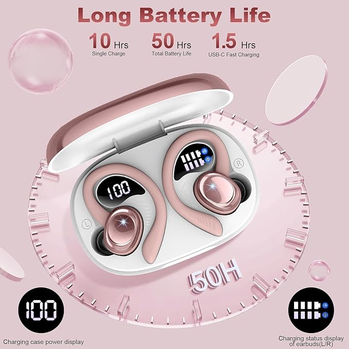 Wireless Earbuds Sport, Bluetooth 5.4 Headphones with Earhook, 2025 Hi-Fi Stereo Over Ear Buds, 50H Earphones with 4 ENC Noise Canceling Mics, IP7 Waterproof Headset for Running Workout (Android/iOS)-StrideForce Fitness