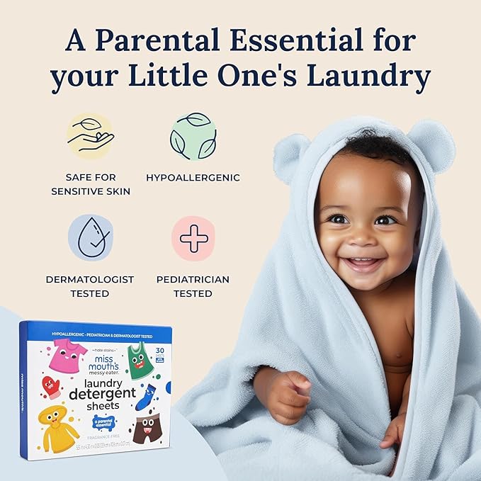 Miss Mouth's Messy Eater Laundry Detergent Sheets - 120 Loads Travel Friendly Detergent Sheets - Hypoallergenic, Sensitive Skin Safe, Pediatrician and Dermatologist Tested, Fragrance Free