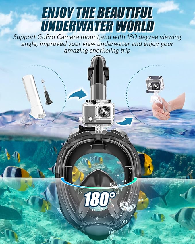 QingSong Full Face Snorkel Mask for Adults, Snorkeling Gear with Camera Mount, 180 Degree Panoramic View Snorkel Set Anti-Fog Anti-Leak-StrideForce Fitness