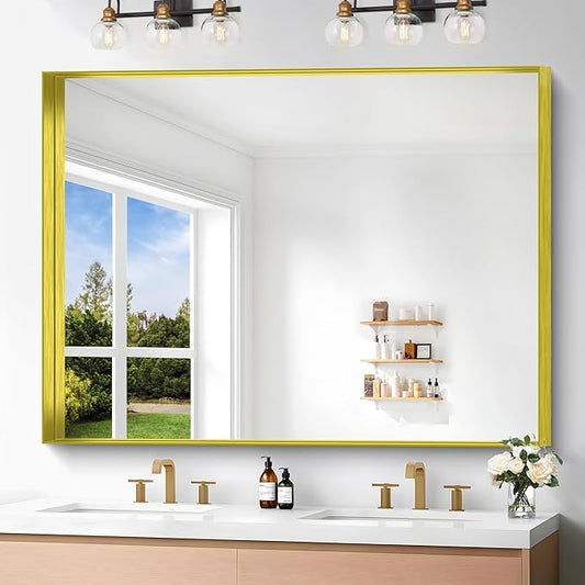 Gold Bathroom Mirror, 36x48 Inch Rectangular Framed Mirror, Large Wall Mounted Bathroom Vanity Mirror Over Sink for Bedroom,Restroom, Living Room, Hangs Vertically or Horizontally-StrideForce Fitness