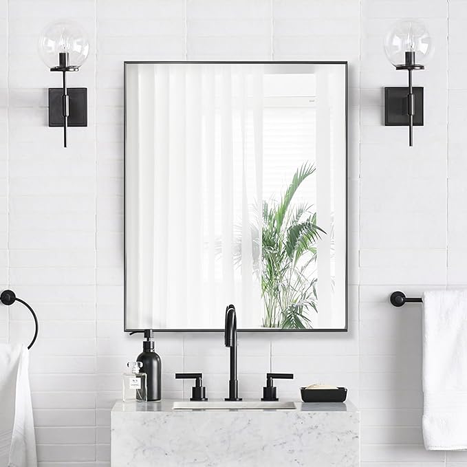 24x30 Inch Black Bathroom Mirror for Wall, Aluminum Frame Rectangle Rectangular Vanity Mirror, Modern Large for Bedroom, Living Room, Horizontal or Vertical-StrideForce Fitness
