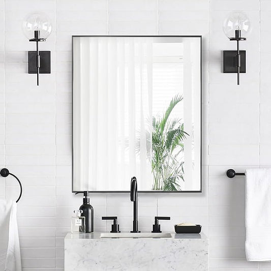 24x30 Inch Black Bathroom Mirror for Wall, Aluminum Frame Rectangle Rectangular Vanity Mirror, Modern Large for Bedroom, Living Room, Horizontal or Vertical-StrideForce Fitness