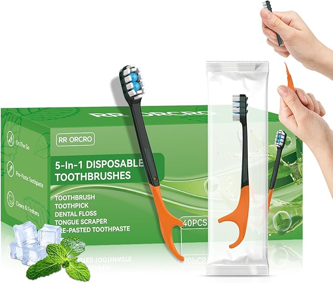 40Pack Disposable Toothbrushes with Toothpaste All-in-One Oral Care Prepasted Individually Wrapped 5-in-1 Mini Toothbrush with Toothpick, Flosser, Tongue Cleaner, Perfect for Travel & On-The-Go