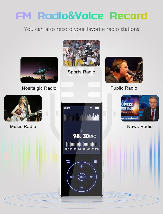 96GB MP3 Player with Bluetooth 5.0: Portable Lossless Sound Music Player with HD Speaker,2.4" Screen Voice Recorder,FM Radio,Touch Buttons,Support up to 64GB for Sport(Earphones&64GB TF Card Included)-StrideForce Fitness