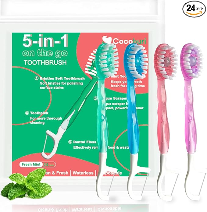 5 in 1 Disposable mini Toothbrushes on The go Toothbrush Portable Travel Toothbrush（Toothpaste + Tongue Scraper + Floss + Picks Individually Wrapped Prepasted Oral Care Mint 24 Packs