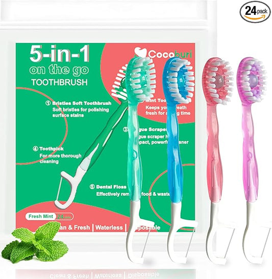 5 in 1 Disposable mini Toothbrushes on The go Toothbrush Portable Travel Toothbrush（Toothpaste + Tongue Scraper + Floss + Picks Individually Wrapped Prepasted Oral Care Mint 24 Packs