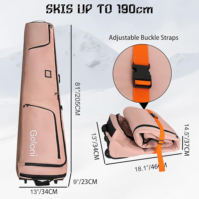 Goloni Ski Bag with Wheels,Padded Snowboard Bag for Air Travel,600D Waterproof Fabric,Foldable Snow Bag Fits 2 Pairs Skis-StrideForce Fitness