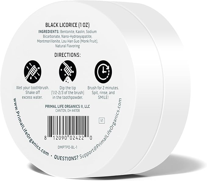 Primal Life Organics - Dirty Mouth Toothpowder, Tooth Cleaning Powder, Flavored Essential Oils with Natural Kaolin & Bentonite Clay, Good for 200+ Brushings, Organic, Vegan (Black Licorice, 1 oz)