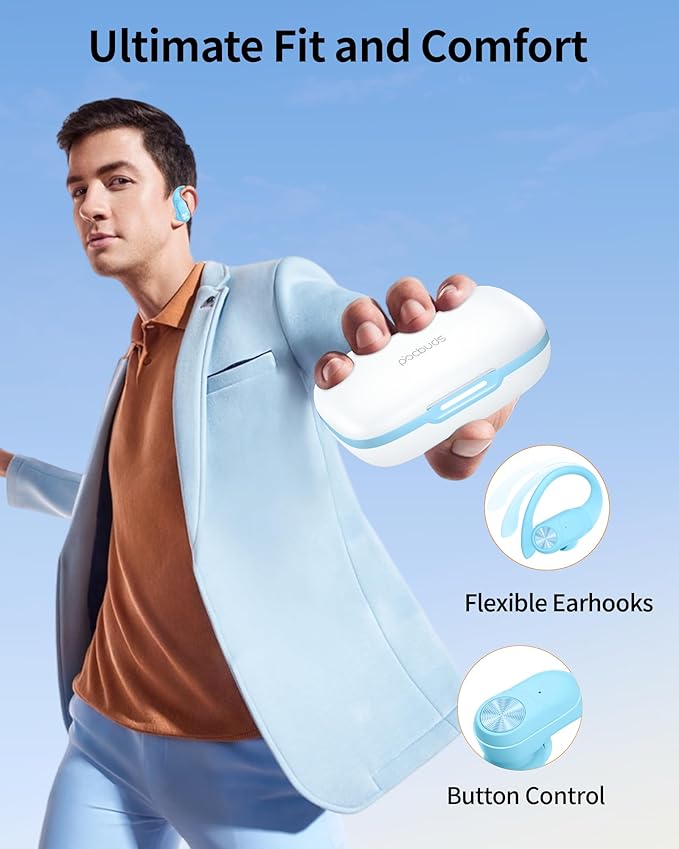 PocBuds Bluetooth Headphones Wireless Earbuds 80hrs Playtime Wireless Charging Case Digital Display Sports Ear Buds with Earhook Deep Bass IPX7 Waterproof Over-Ear Earphones for TV Phone Laptop Blue-StrideForce Fitness
