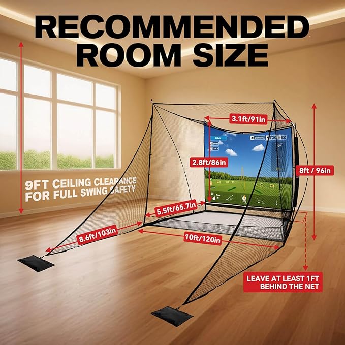 Golf Simulator Cage with Side Barriers&Impact Screen – 10x8 FT Golf Net with Dual-Layer HD Simulator Screen for High-Speed Shots, Practice Net with Ball Return for Indoor Outdoor Backyard-StrideForce Fitness