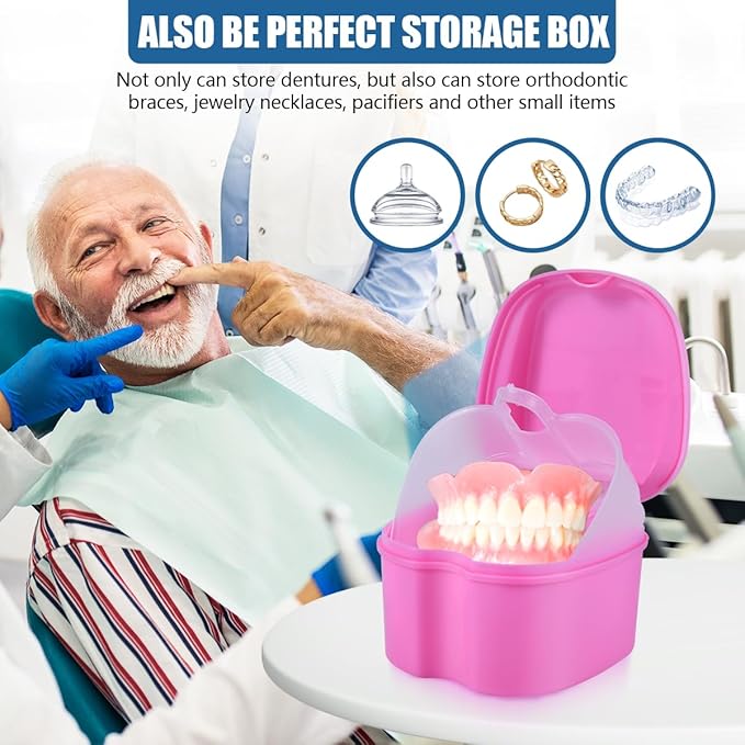 2 Pack Denture Bath Case Cup Box Holder Storage Container with Denture Cleaner Brush Strainer Basket for Travel Cleaning (White and Pink)