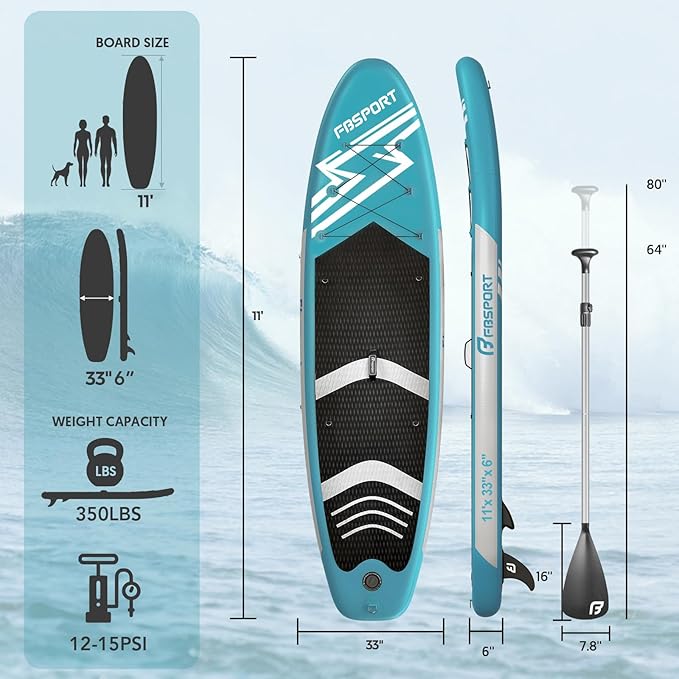 FBSPORT 11' Premium Stand Up Paddle Board, Yoga Board with Durable SUP Accessories & Carry Bag | Wide Stance, Surf Control, Non-Slip Deck, Leash, Paddle and Pump for Youth & Adult-StrideForce Fitness