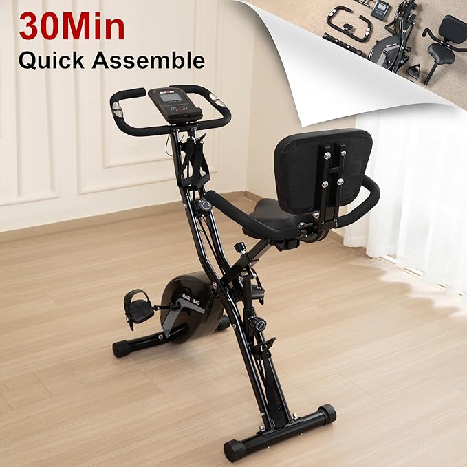 BARWING Stationary Exercise Bike for Home Workout, 5 IN 1 Foldable Indoor Cycling Bike for Seniors, 350LB Capacity, 16-Level Magnetic Resistance, Seat Backrest Adjustments-StrideForce Fitness