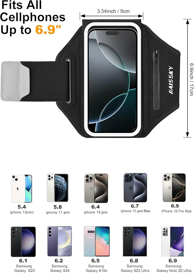 Running Armband with Earphone Bag Cell Phone Armband for iPhone 16 15 Pro 14 Plus 13 11 XR XS, Galaxy S24/S10 Water Resistant Sports Phone Holder Case & Zipper Slot Car Key Holder for 6.9 inch Phone-StrideForce Fitness
