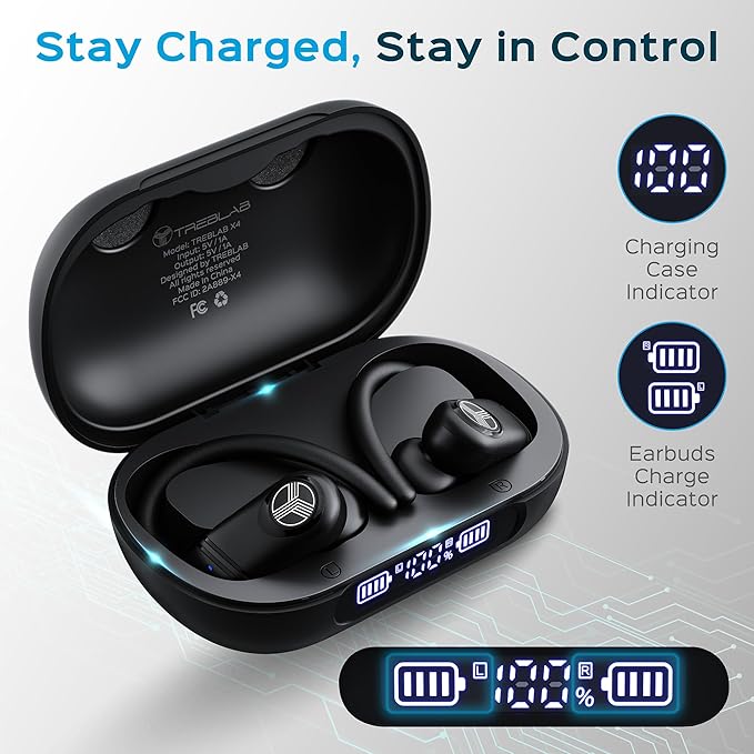 TREBLAB X4 Wireless Earbuds with Earhooks – 253H Battery, ENC Mic, Bluetooth 5.4, USB-C Charging Case, IPX5 Waterproof, Noise Isolating, for Running, Calls, Workouts – Bluetooth Over Ear Ear Buds-StrideForce Fitness