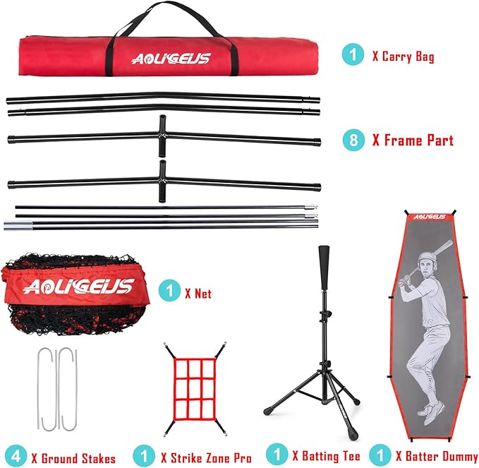 7'X7' Baseball Softball Practice Net,Pitching Net,Batting Net,with Baseball Tee,Bonus Strike Zone and Bow Frame,for Hitting,Pitching, Catching-StrideForce Fitness