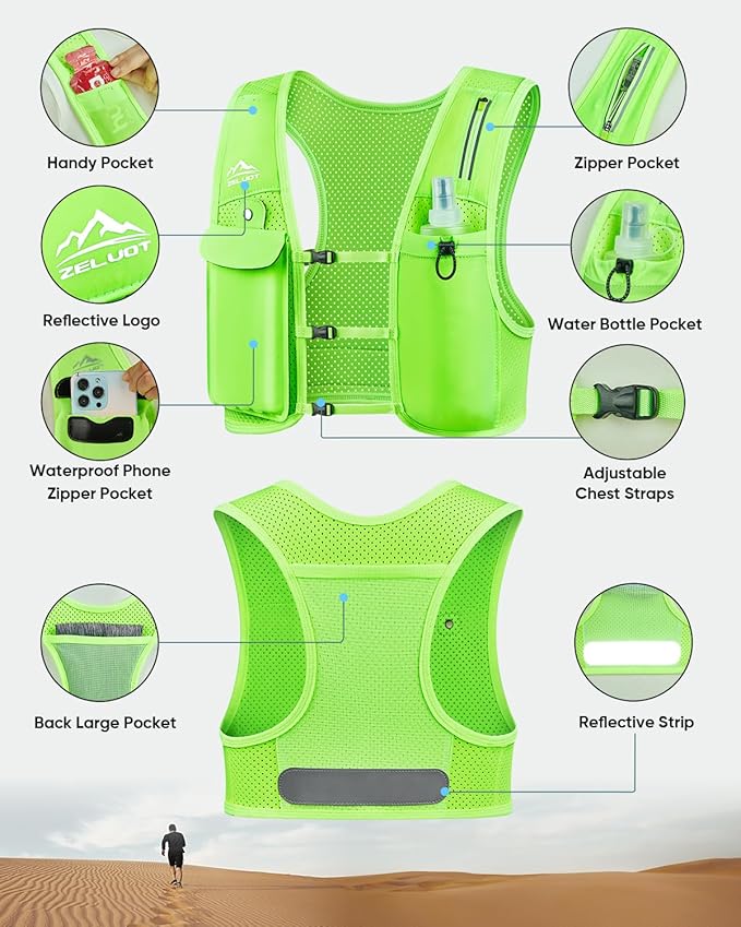 Running Vest for Women Men, USA Original Patent, Adjustable Chest Straps Running Hydration Vest with 500ml Soft Flask, Lightweight Reflective Hydration Backpack for Marathon-StrideForce Fitness