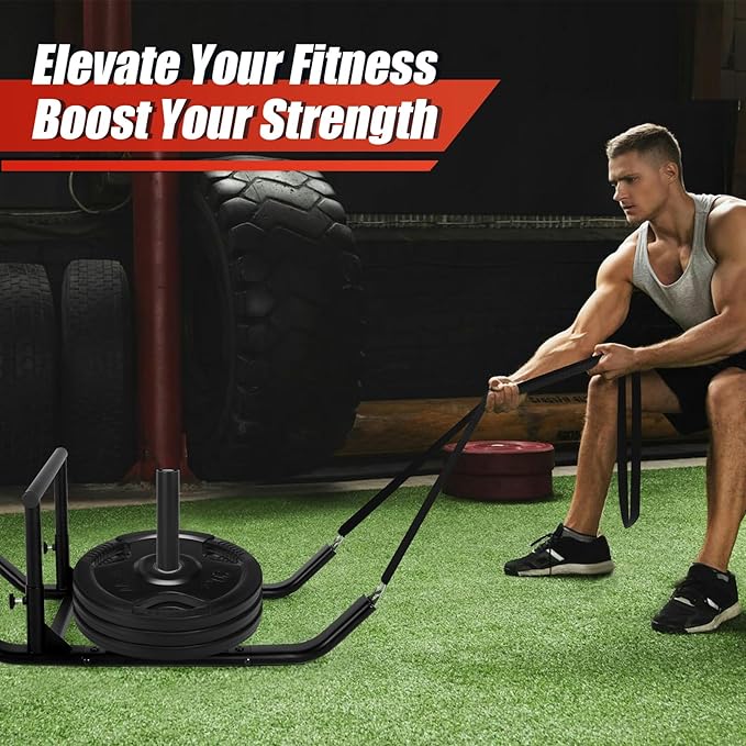 GDFISH Large Weight Sled, Adjustable Height Handle Push Sleds, Workout Fitness Sled for Training Running Speed, Compatible with 1" & 2" Weight Plate, Easy Obstacle Clearance for Grass, Sand, Cement-StrideForce Fitness