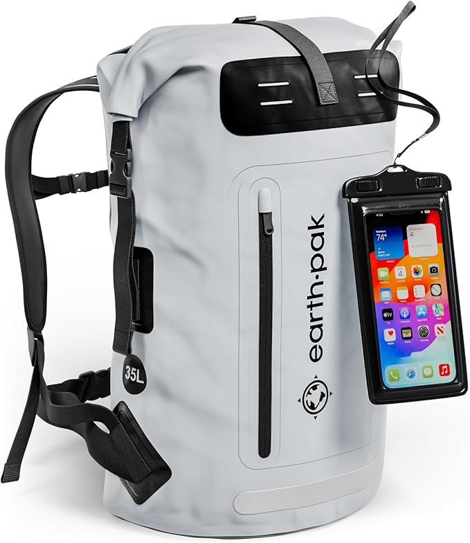 Earth Pak Waterproof Backpack - Heavy Duty Hiking Backpack - Roll-Top Closure Bag - Cushioned Dry Bag Waterproof Phone Case-StrideForce Fitness