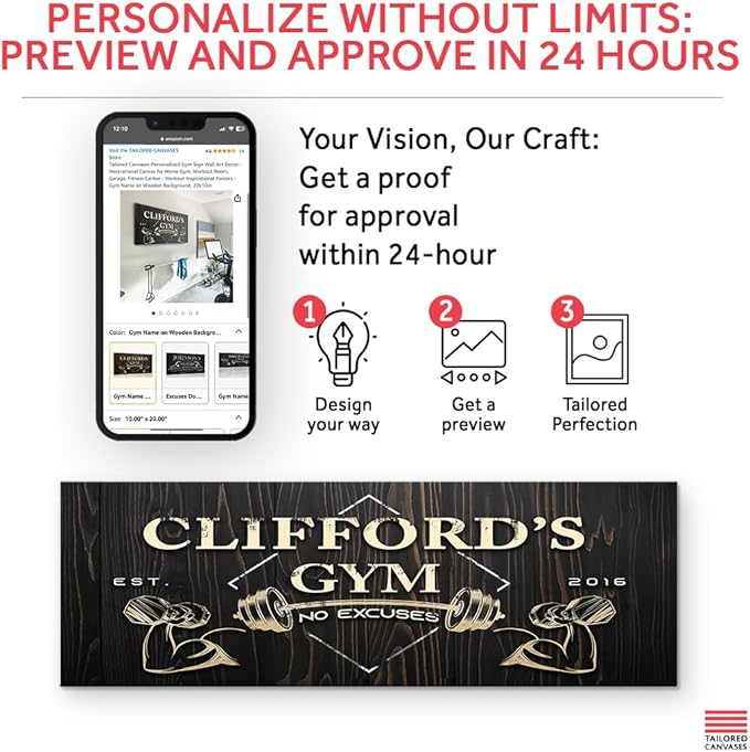Tailored Canvases Personalized Gym Sign Wall Art Decor - Motivational Canvas for Home Gym, Workout Room, Garage, Fitness Center - Workout Inspirational Posters - Gym Name on Wooden Background, 36x12in-StrideForce Fitness