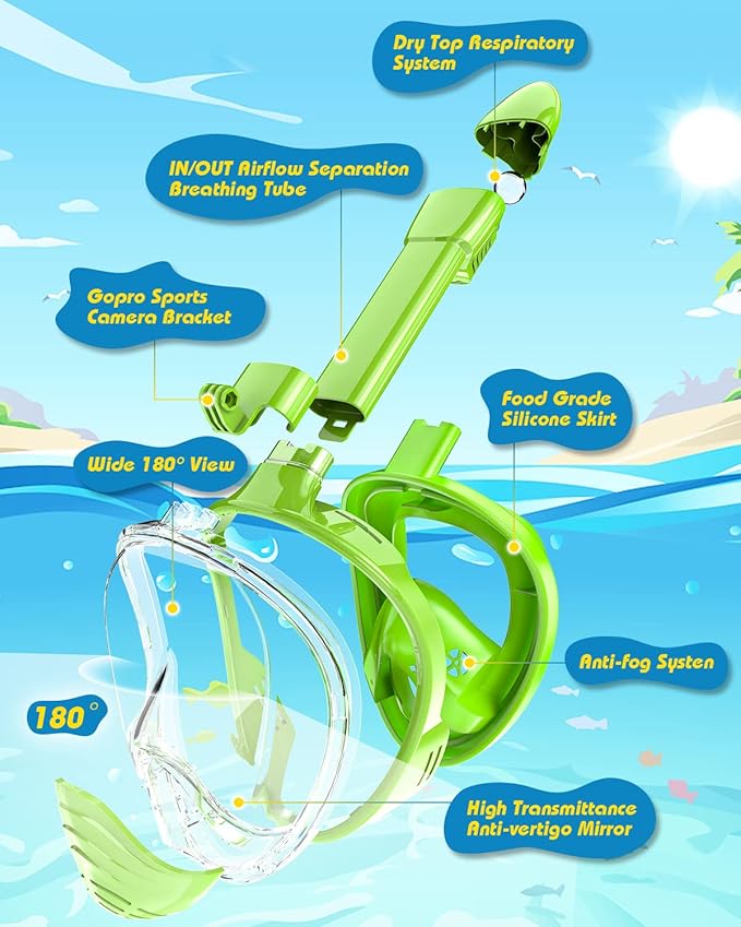 QingSong Kids Snorkel Mask Full Face, Snorkeling Set with Camera Mount, Foldable 180 Degree Panoramic View Snorkeling Gear Anti-Fog Anti-Leak-StrideForce Fitness