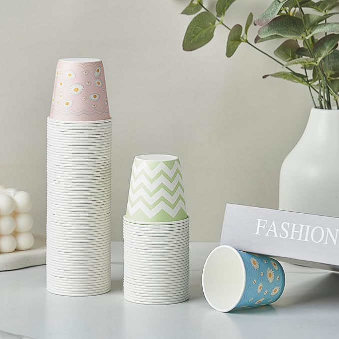 Tamone 600 Pack 3 oz Paper Cups, Small Bathroom Cups, Disposable Cups, Mini Paper Cups Daisy Design Pink, Blue, Mouthwash Cups for Party, Picnic, BBQ, Travel, Home and Event