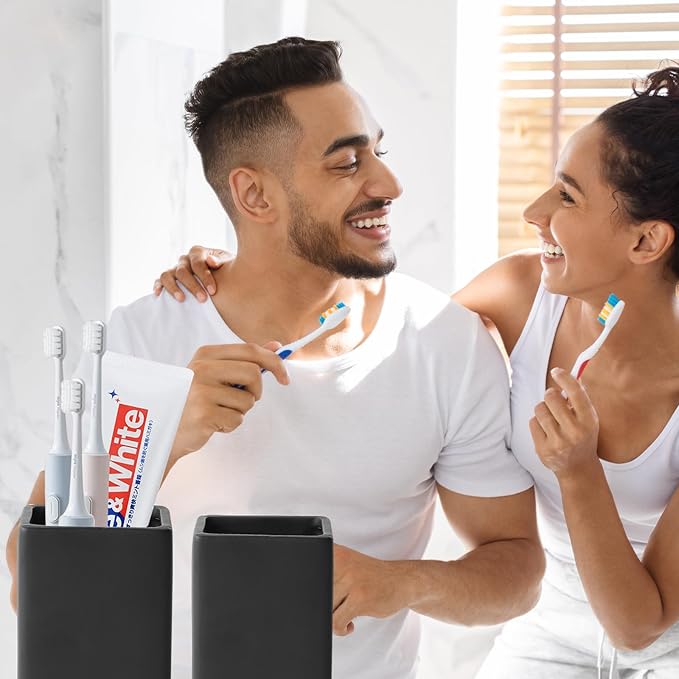 Black Square Toothbrush Holders for Bathrooms - 2 Cups Ceramic Square Toothbrush Toothpaste Holders Set, Bathroom Tumbler Cups Reusable Toothbrush Mouthwash Cup, Bathroom Counter Organizer.