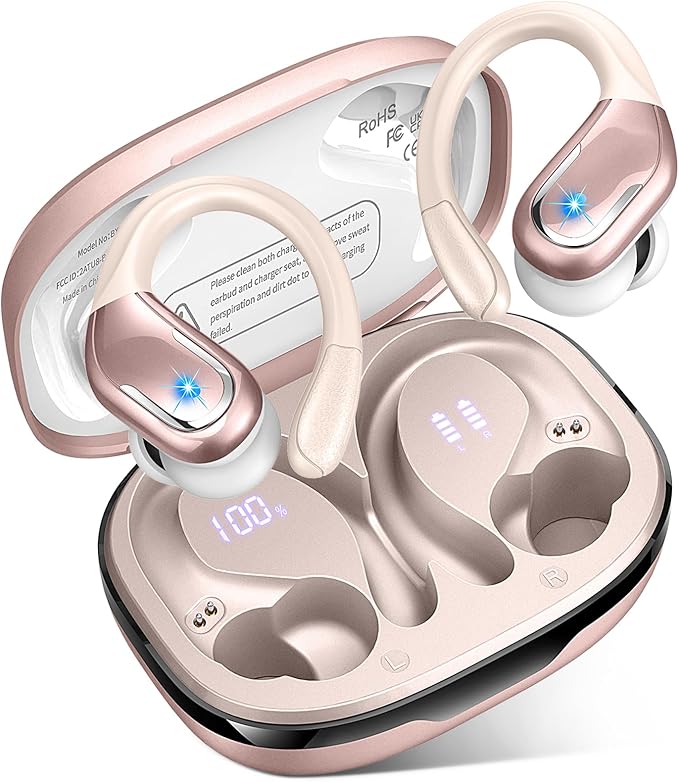 Wireless Earbud, 75H Bluetooth 5.4 Headphones Sport IP7 Waterproof, Running Wireless Earphones with ENC Noise Canceling Mic, 3D Bass Over Ear bud with Earhooks for Android, iOS, Workout, Gym, Rosegold-StrideForce Fitness