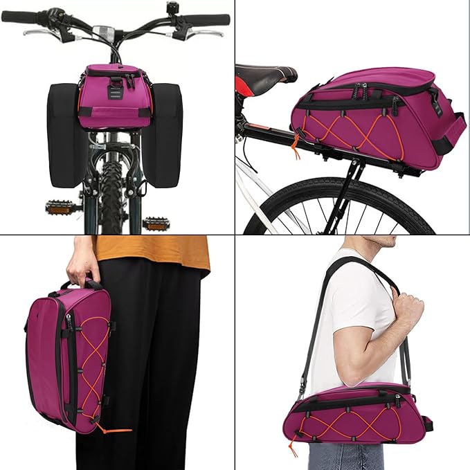 MOSISO Bike Rack Bag with 2 Removable Panniers, Waterproof Bike Trunk Cooler Storage Handbag Insulated Bicycle Rear Seat Pouch, Bicycle Storage Saddle Shoulder Bag Cycling Luggage Pouch, Rose Red-StrideForce Fitness