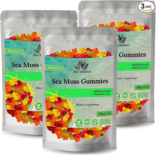 Sea Moss Gummies - Irish sea Moss raw Organic, Bladderwrack, Burdock Root. Contains Sea Moss Gel and Powder. Superfoods for Vegan, Keto and Dr Sebi Diet. Immune Boosting (3, Original)-StrideForce Fitness