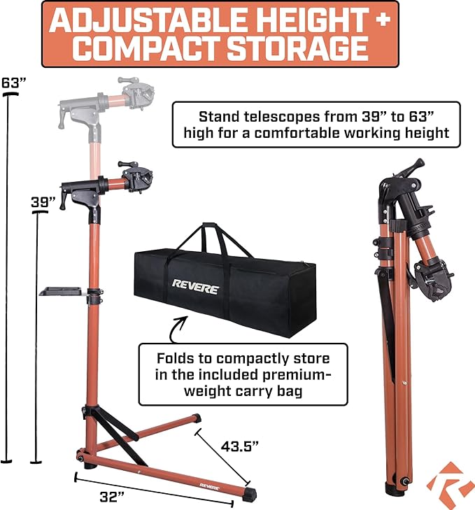 Revere Bike Repair Stand & Storage Bag, Telescoping Arm, Rotating Clamp, Magnetic Tool Tray, and Adjustable Handlebar Rod - Heavy Duty, Sturdy, Adjustable (Orange)-StrideForce Fitness