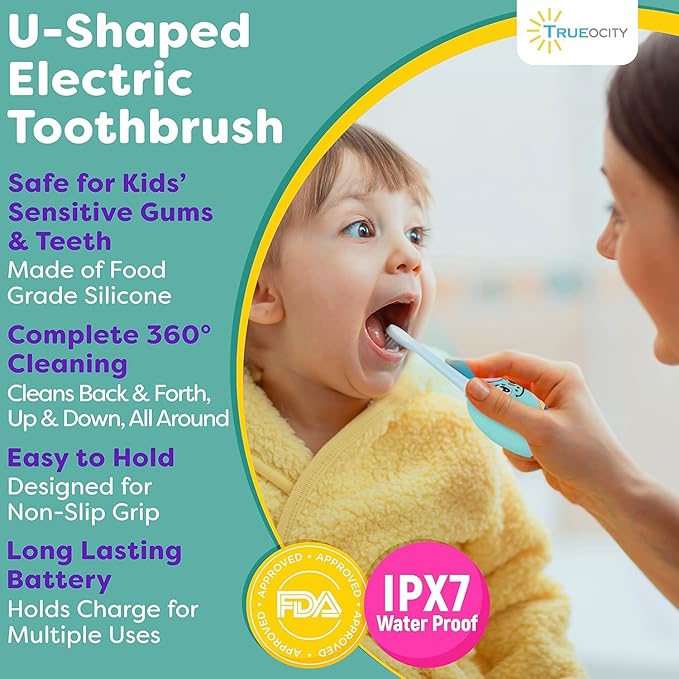 Trueocity Kids U Shape Toothbrush Auto Electric Toddler Rechargeable Kids Automatic Toothbrush | 360° U-Shaped Silicone Brush Head | Gentle Cleaning for Ages 2–7 2–7 | Unicorn Design (Turquoise)