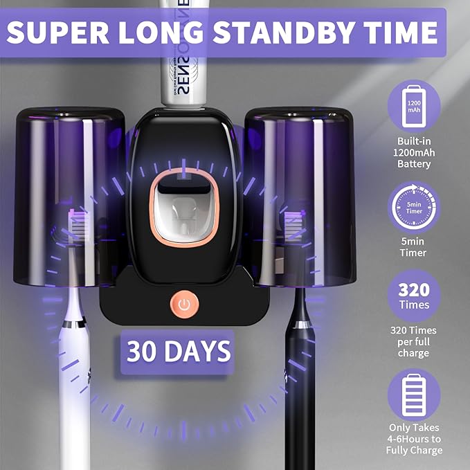 Toothbrush Holders for Bathrooms, Wekity Automatic Toothpaste Dispenser Space Saving Toothbrush and Toothpaste Holder，Toothbrush Holder Wall Mounted with 2 Cups for Bathroom (Black)…