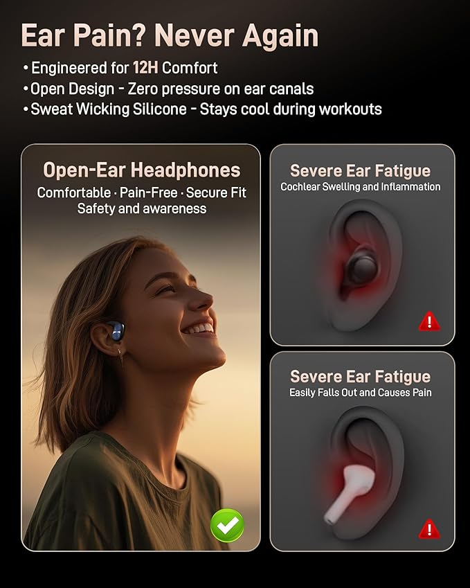 Open Ear Headphones, Bluetooth Wireless Open Ear Earbuds (0.3oz Lightweight) with 15mm Drivers, 45H Playtime, IPX5 for Sports, Fitness, Cycling, Running, Travel, Driving-StrideForce Fitness
