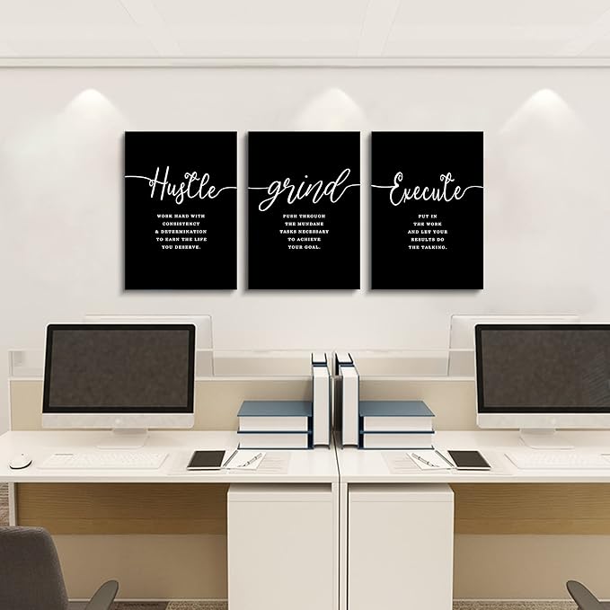 Office Decor - Hustle Quotes Execute Prints, Framed Canvas Wall Art Grind Quote, Office Wall Art, Black Large Poster, Positive MotivationalPrints, Inspirational Print (F-3pcs,12x16inchx3pcs)-StrideForce Fitness