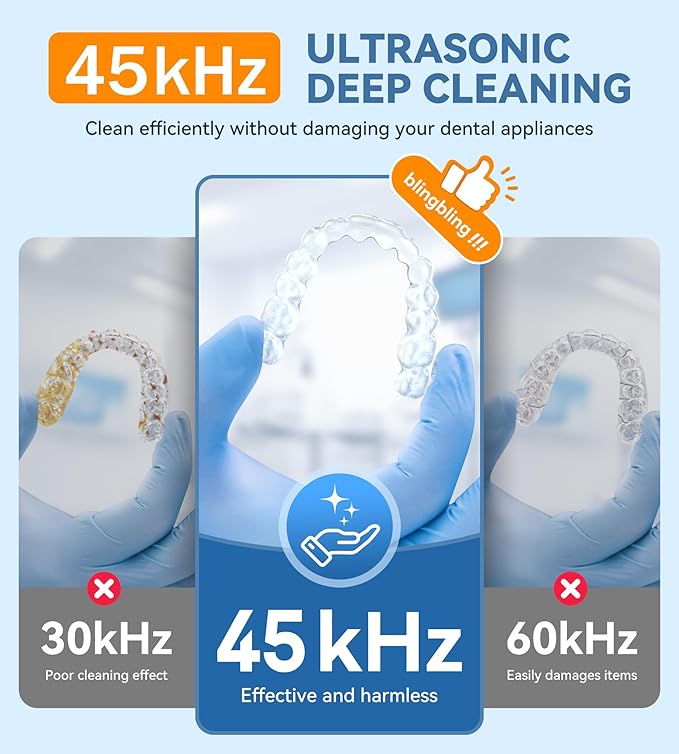 Ultrasonic Retainer Cleaner, Dental Cleaning Pod for Denture, Mouth Guard, Aligner, Night Guard, Braces, Toothbrush Heads, Jewelry, 45kHz Retainer Cleaner Machine with Digital Timer & 200ML