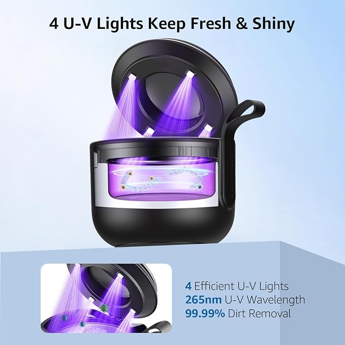 Ultrasonic Retainer Cleaner Machine: 48kHz Rechargeable Cordless Denture Cleaner - Waterproof Ultrasonic Jewelry Cleaner - 200ML Dental Cleaning Pod for Mouth Guard, Aligner