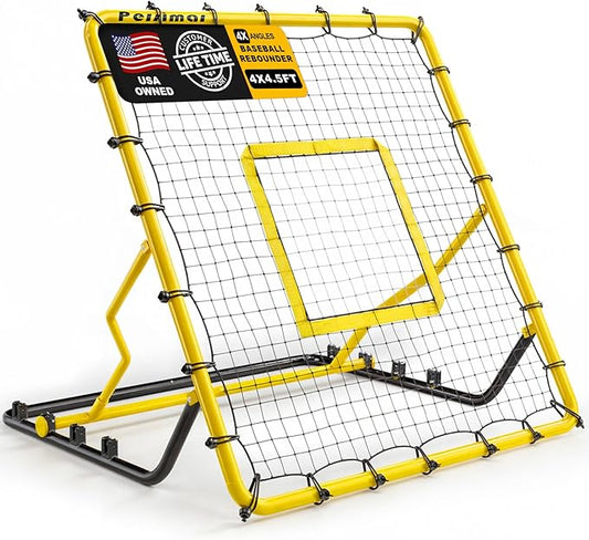 Baseball Rebounder Net,4x4.5FT Multi-Sport Pitch Back Rebounder Steel Frame with 4 Adjustable Angles, 40pcs Bungees Soccer, Volleyball&Lacrosse Trainer for Solo Fielding,Pitching and Reflex Training-StrideForce Fitness