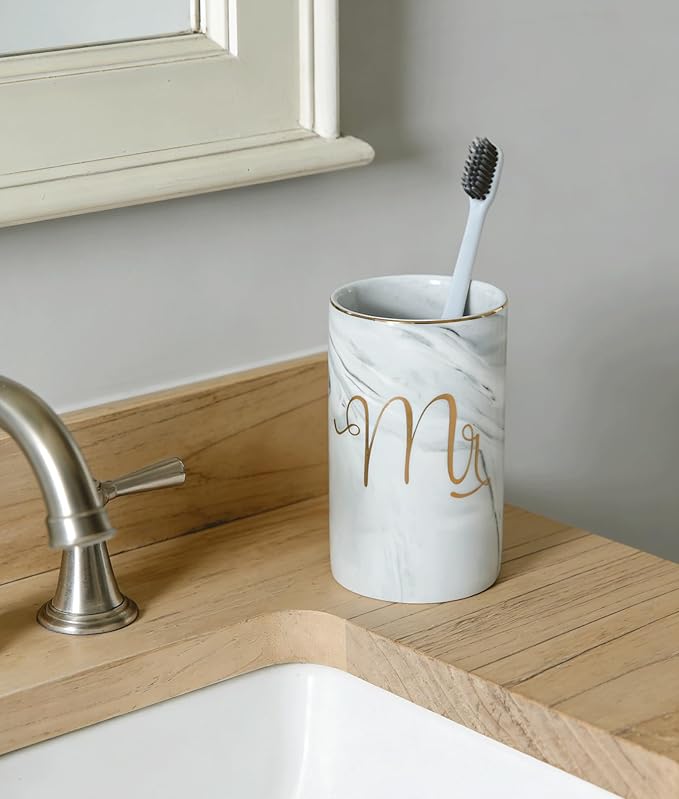 Kelake Ceramic Rustic Gray Marble Bathroom Tumbler Cup for Mouthwash Rinsing Toothbrush and Toothpaste Holder Letters Stand Cups 280 ml Porcelain Milk Drinking Cups for Christmas Birthday