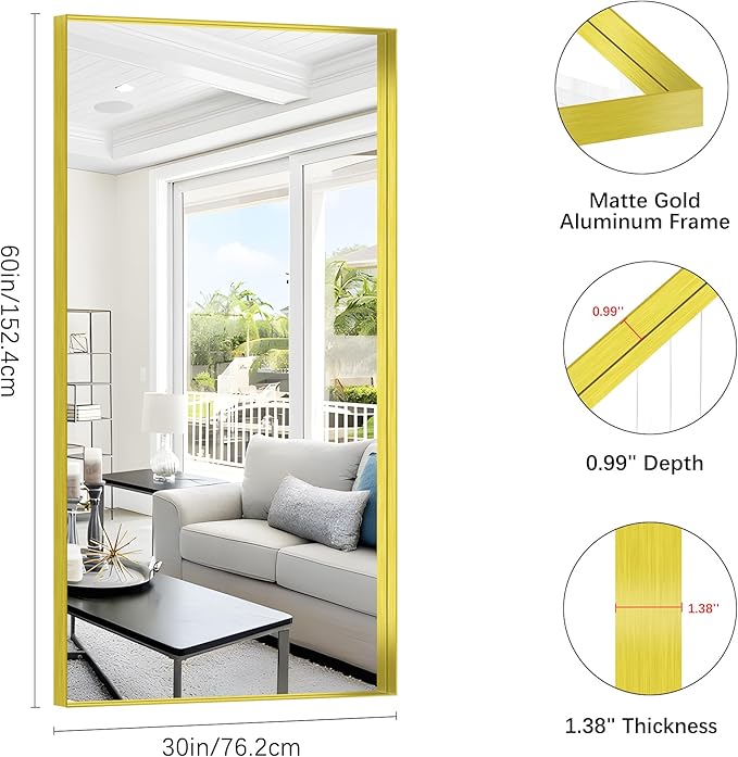 Gold Bathroom Mirror, 30x60 Inch Rectangular Deep Frame Mirror, Large Wall Mounted Bathroom Vanity Mirror Over Sink for Bedroom,Restroom, Living Room, Hangs Vertically or Horizontally-StrideForce Fitness