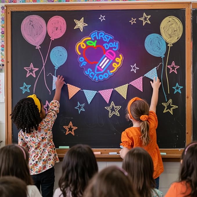 First Day of School Neon Sign for Classroom,Classroom Neon Sign,Colorful LED Back to School Wall Decor,Apple and Pencil Neon Light Sign for Classroom,Preschool,Photo Backdrop,Kids Room-StrideForce Fitness