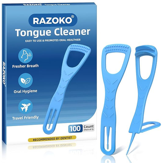 RAZOKO Tongue Cleaner with Safe Fold-Back Tooth Pick,100 Count BPA Free Disposable Tongue Scraper,Hygienic Scraper for Clean Tongue & Promote Fresh Breath