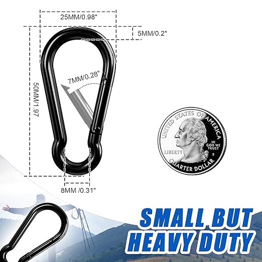 KINLINK 25 Pack Black Carabiner Clip, 1.97 inch Heavy Duty Spring Snap Hook, Small Caribeener Clips for Outdoor Camping, Swing Set, Hammock, Hiking Travel, Fishing, Quick Link Keychain-StrideForce Fitness