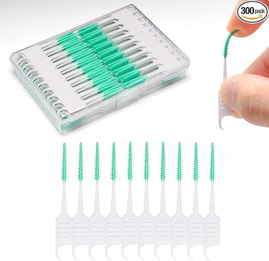 300PCS Dental Floss Picks,Dual-Use Interdental Brushes,Soft Silicone Brush Head Toothpicks, Tooth Picks Flossers for Teeth Braces Cleaning (Green)